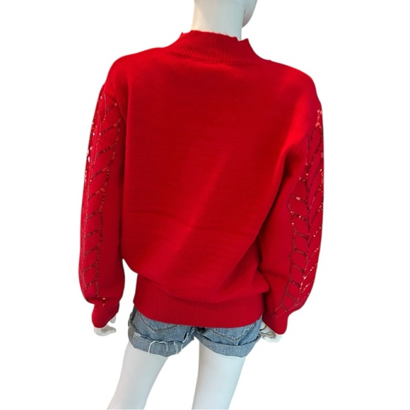VINE & LOVE beautiful red sequin sleeve holiday sweater S M L - Picture 7 of 8